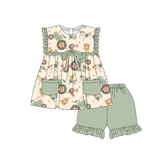 Preorder (moq 5)Baby Girls Green Sleeveless Chicks Pigs Pockets Tunic Ruffle Shorts Farm Set 4.23