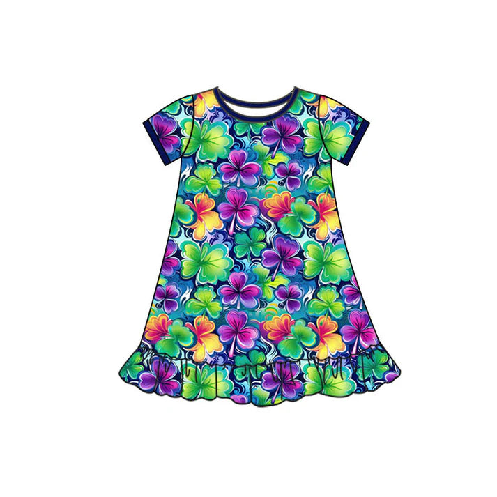 Preorder(moq 5) Baby Girls Short Sleeve Colorful Clovers St Patrick Ruffle Knee Length Dresses 10.4