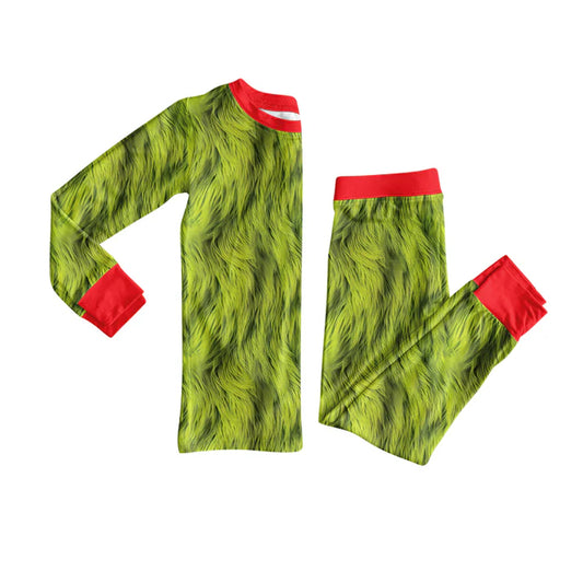 Preorder(moq 5) Baby Girls Long Sleeves Green Fur Print Top Pants Pajamas Set 7.22