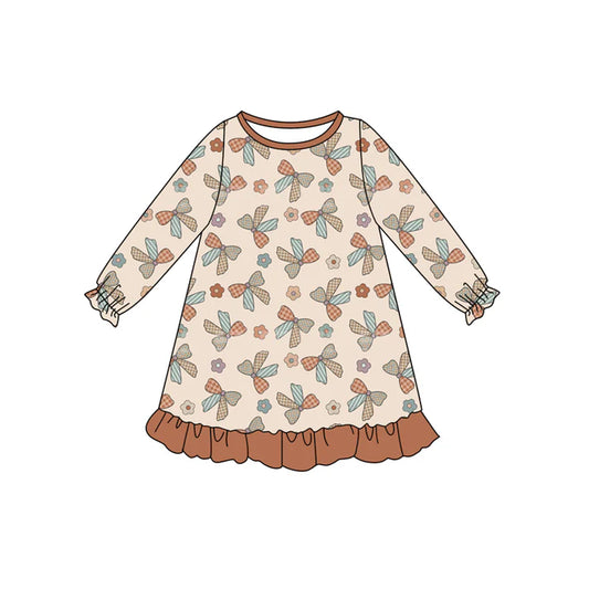 Preorder (moq 5)Baby Girls Long Ruffle Sleeves Khaki Bows Flowers Plaid Knee Length Dresses 6.12