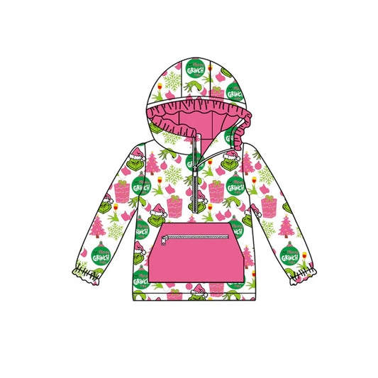 Preorder(moq 5)Baby Girls Green Faces Lights Pockets Zipper Christmas Hoodie Tops 8.30