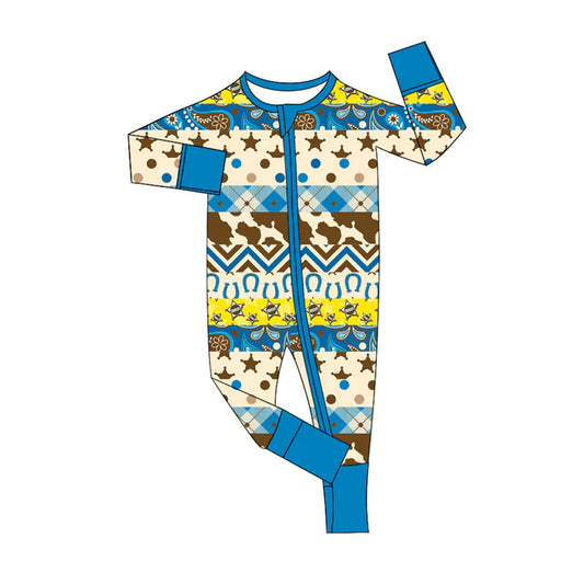 Preorder (moq 5)Baby Girls Hot Blue Long Sleeves Stars Aztec Stripes Zipper Rompers 6.4