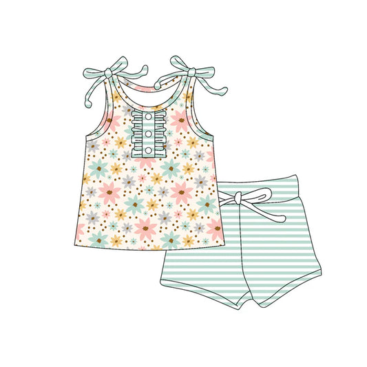 Preorder moq 5 Baby Girls Strap Button Colorful Flowers Tunic Aqua Stripe Short Set 4.17