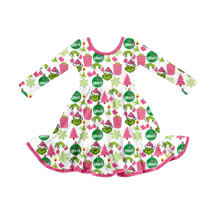 Preorder (moq 5)Baby Girls Green Faces Lights Christmas Ruffle Knee Length Dresses 8.30