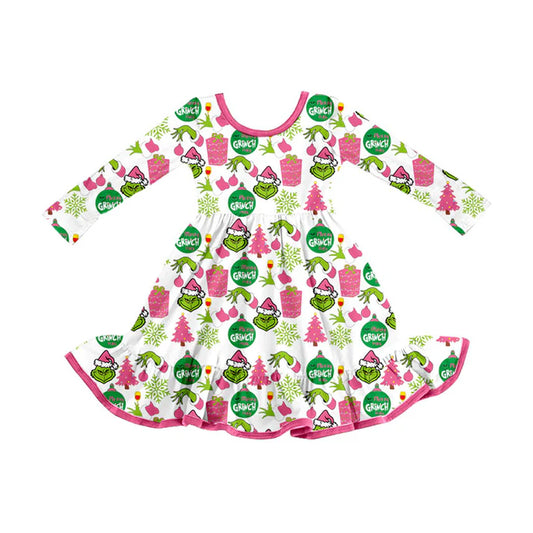 Preorder (moq 5)Baby Girls Green Faces Lights Christmas Ruffle Knee Length Dresses 8.30