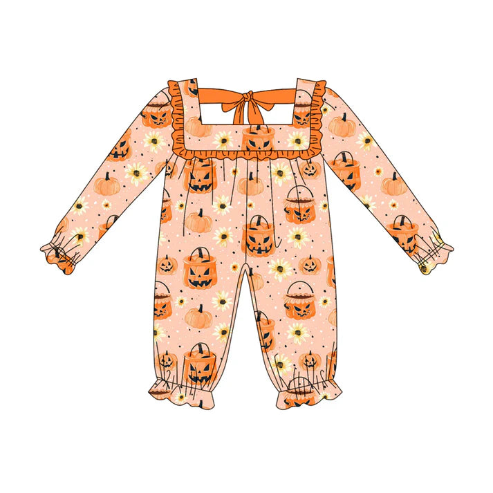 Preorder (moq 5)Baby Girls Long Sleeves Orange Pumpkins Flowers Ruffle Rompers 5.16