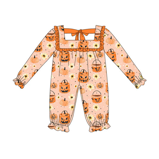 Preorder (moq 5)Baby Girls Long Sleeves Orange Pumpkins Flowers Ruffle Rompers 5.16