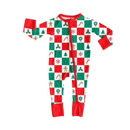 Preorder moq 5 Baby Infant Boys Long Sleeves Gingerbread Trees Red Green Plaid Zipper Romper 7.15