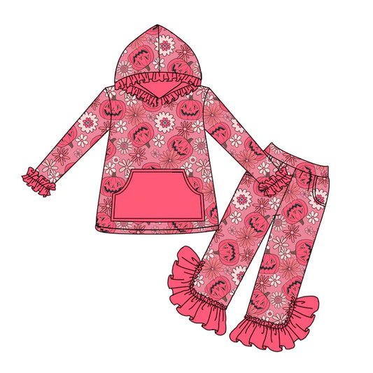 Preorder (moq 5)Baby Girls Red Long Ruffle Sleeves Ghost Pumpkins Flowers Pocket Hoodies Pant Set 6.17