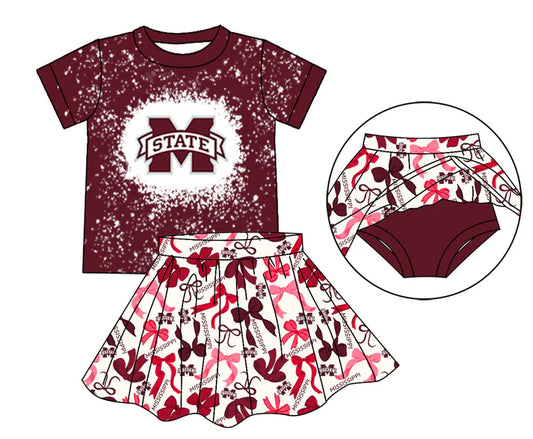 Preorder moq 5 maroon M bleached top bow skirt girls team outfits 8.23