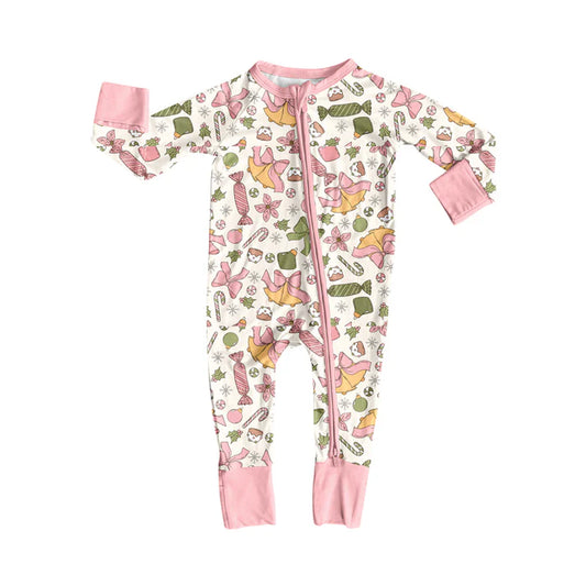 Preorder (moq 5)Baby Girls Long Sleeves Pink Bows Holly Candy Zipper Romper 7.2