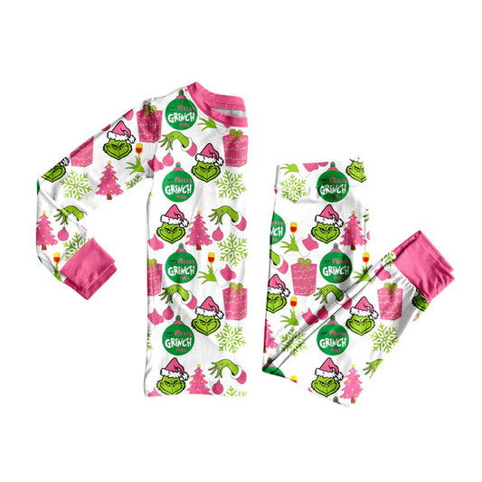 Preorder (moq 5)Baby Girls Green Faces Lights Top Pants Christmas Pajamas Clothes Set 8.30