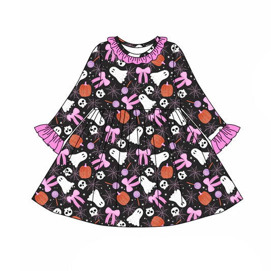 preorder(moq 5) Baby Girls Long Sleeves Bows Ghost Pumpkins Plaid Knee Length Dresses 7.25