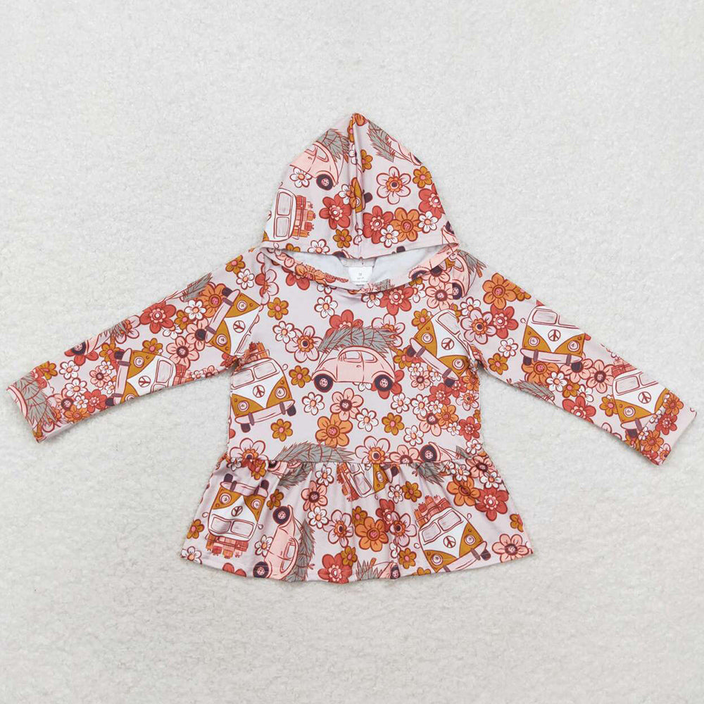 Baby Girls Clothes Hoodies Tops Fall Cars Flowers Hooded Ruffle Tops GT0652