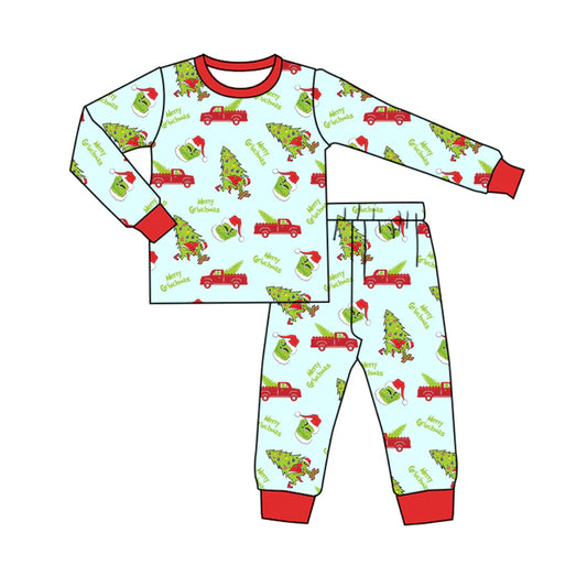 Preorder(moq 5) Baby Boys Long Sleeves Trucks Trees Green Face Top Pants Pajamas Set 7.24