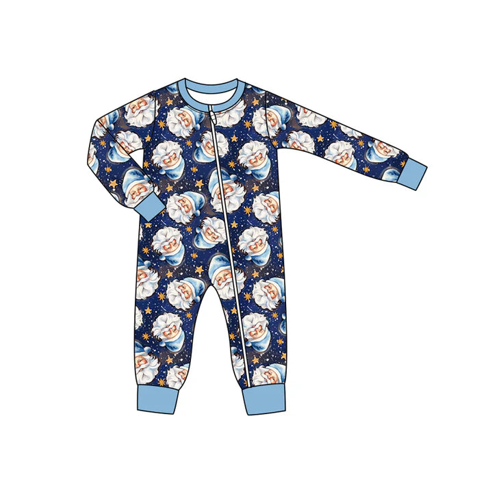 Preorder moq 5 Baby Infant Boys Navy Long Sleeves Stars Santa Plaid Zipper Romper 7.15
