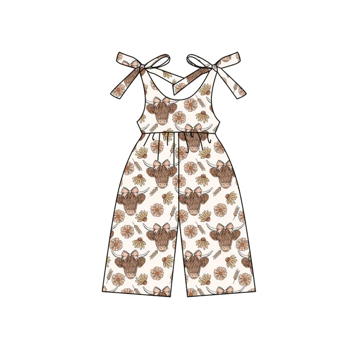 Preorder moq 5 Baby Girls Sleeveless Highland Cows Daisy Jumpsuits 4.15