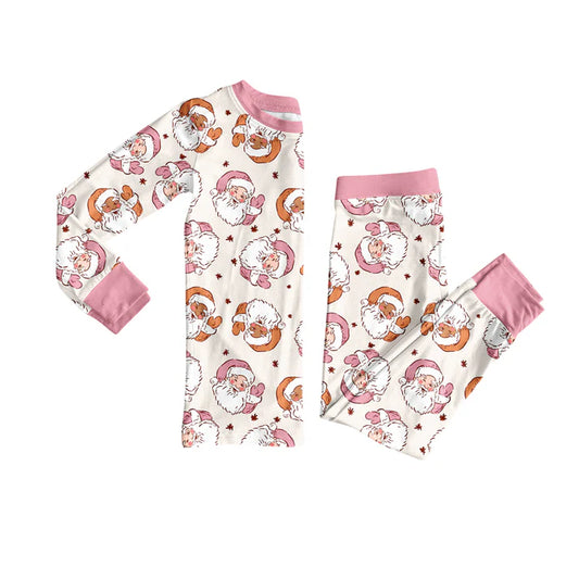 Preorder (moq 5)Baby Girls Long Sleeves Pink Santa Holly Plaid Top Pants Pajamas Set 7.1