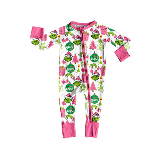 Preorder(moq 5)Baby Girls Green Faces Lights Christmas Zipper Footie Rompers 8.30