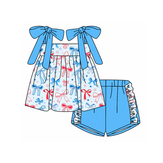 Preorder moq 5 Baby Girls Blue Strap Stars Bows Tunic Ruffle Short 4th Of July Set 4.23