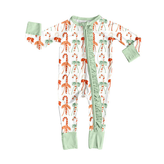Preorder(moq 5)Baby Girls Christmas Green Bows Zipper Footie Rompers 8.8