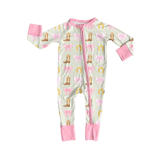 Preorder (moq 5)Baby Girls Long Sleeves Pink Bows Boots Horse Shoes Zipper Romper 7.2