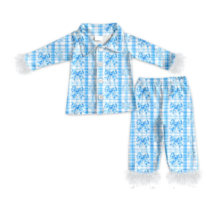 Preorder (moq 5)Baby Girls Long Sleeves With Fur Blue Plaid Bows Button Top Pant Pajamas Set 6.19