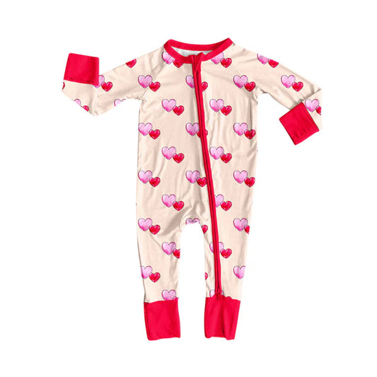 Preorder (moq 8)Baby Girls Hearts Checked Valentine Zipper Footie Rompers 9.18