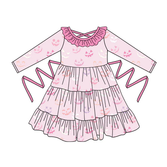Preorder moq 5 Baby Girls Pink Long Sleeves Ghosts Smiles With Belt Ruffle Knee Length Dresses 5.2