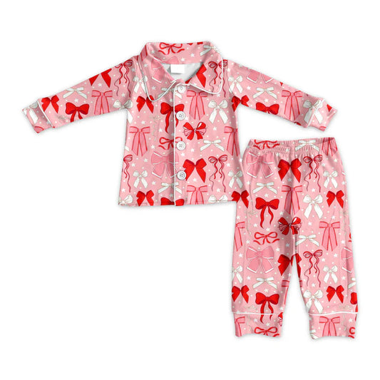 Preorder (moq 5)Baby Girls Pink Bows Stars Button Top Pants Valentine Pajamas Sets 9.3