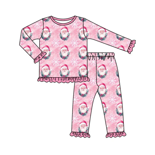 Preorder (moq 5)Baby Girls Pink Santa Snowflakes Top Ruffle Pants Christmas Pajamas Sets 9.4