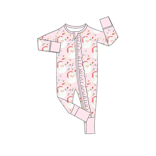Preorder (moq 5)Baby Girls Long Sleeves Pink Santa Lights Plaid Ruffle Zipper Romper 7.2