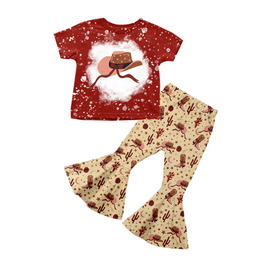 Preorder (moq 5)Baby Girls Red Short Sleeves Hat Top Boots Cactus Bell Bottom Pant Set 5.12