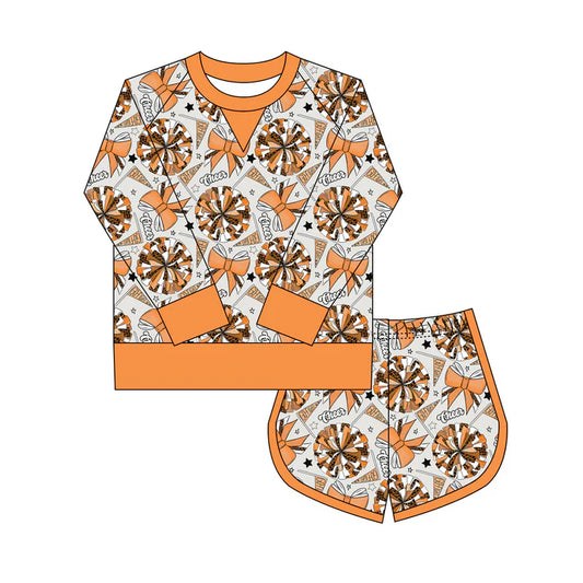 Preorder(moq 8)Baby Girls Orange Bows Go Footballs Long Sleeve Top Shorts Team Clothes Set 9.29