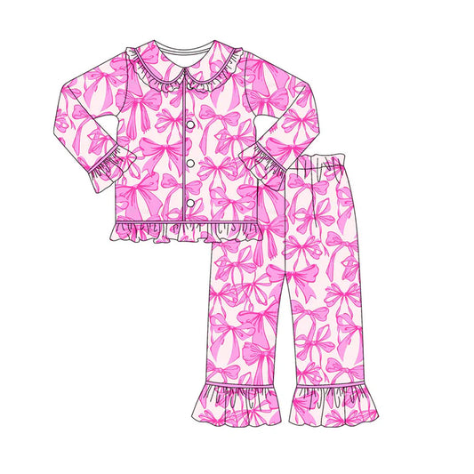 Preorder (moq 8)Baby Girls Hot Pink Bows Button Top Pants Valentine Pajamas Sets 9.22