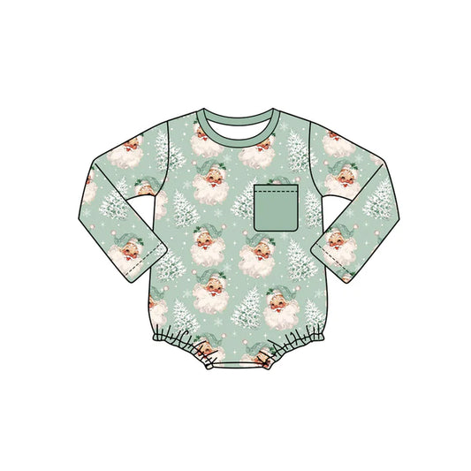 Preorder (moq 5)Baby Girls Green Long Sleeves Pocket Santa Trees Ruffle Rompers 6.4