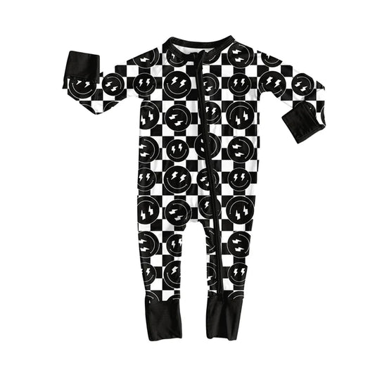 Preorder(moq 5)Baby Infant Boys Western Black Checkered Smiles Zipper Footie Rompers 8.11