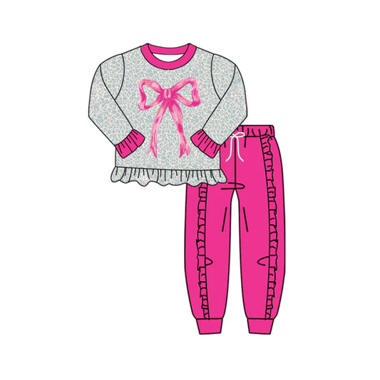 Preorder(moq 8)Baby Girls Floral Pink Bows Ruffle Top Jogger Pants Clothes Sets 10.1