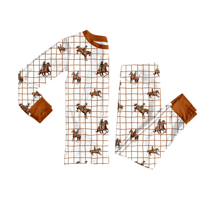 Preorder (moq 5)Baby Boys Brown Checked Horse Rodeos Top Pants Western Pajamas Sets 12.6