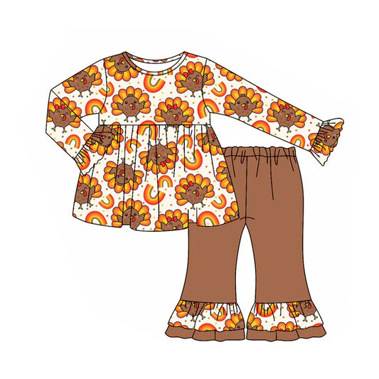 Preorder (moq 5)Baby Girls Long Sleeves Turkey Rainbows Plaid Tunic Ruffle Pants Set 7.28