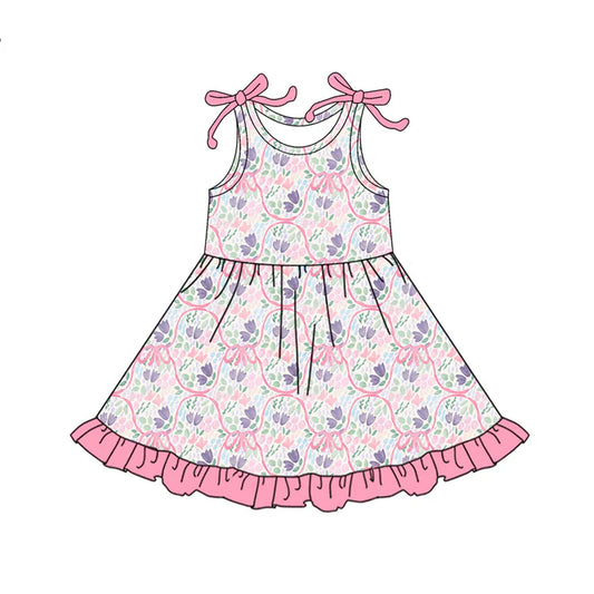Preorder (moq 5)Baby Girls Bows Sleeveless Pink Lavender Floral Ruffle Knee Length Dresses 6.12