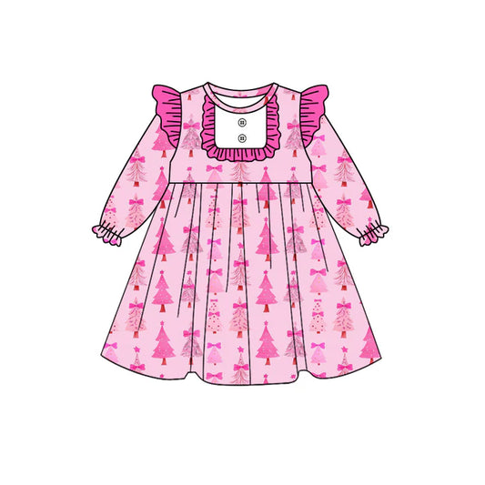 Preorder (moq 5)Baby Girls Christmas Pink Trees Knee Length Dresses 8.12