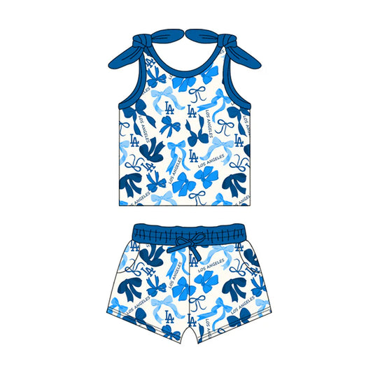 Preorder MOQ 5 pcs sleeveless blue L A bow top shorts girls team clothes 8.26