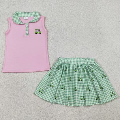 Baby Girls Clothes Embroidery Golf Trucks Button Top Checked Skirt Shorts Clothes Sets GSD3120 1.8