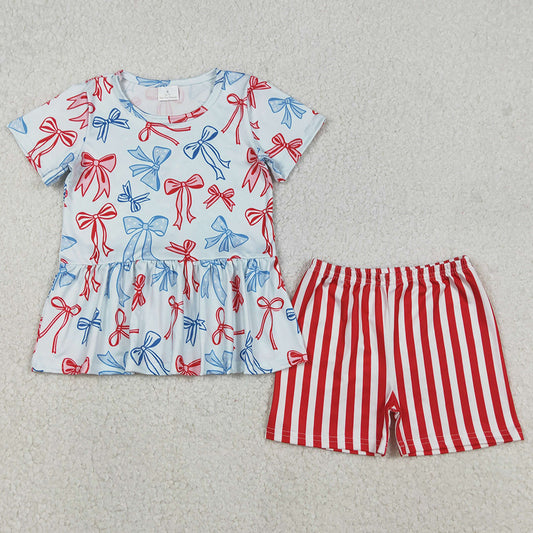 Baby Girls Clothes Red Blue Bows Ruffle Top Stripe Shorts July 4th Clothes Sets GSSO2838 12.8