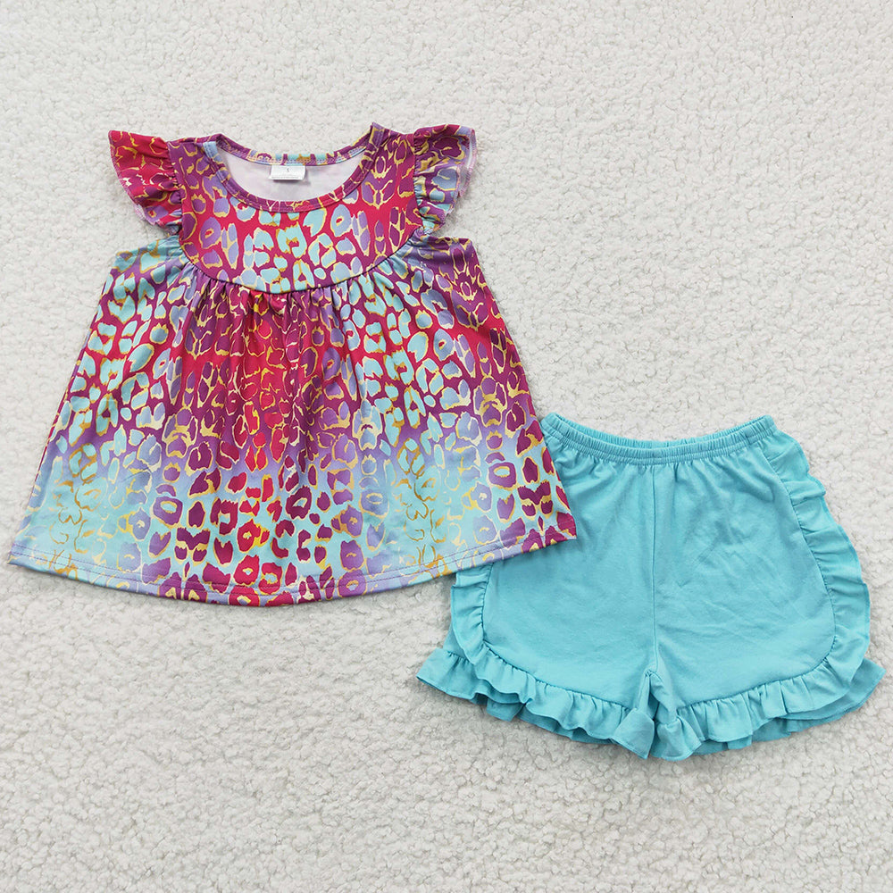 Summer Baby Girls Clothes Blue Leopard Tunic Top Shorts Sets GSSO0310