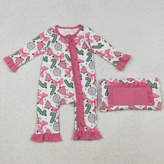 Baby Girls Rompers Candy Cane Trees Christmas Ruffle Zipper Footie Rompers LR2486 10.13