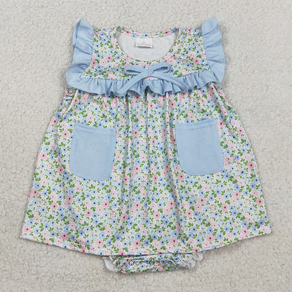 Baby Girls Rompers Sleeveless Flowers Pockets Tunic Bummies Ruffle Rompers SR3752