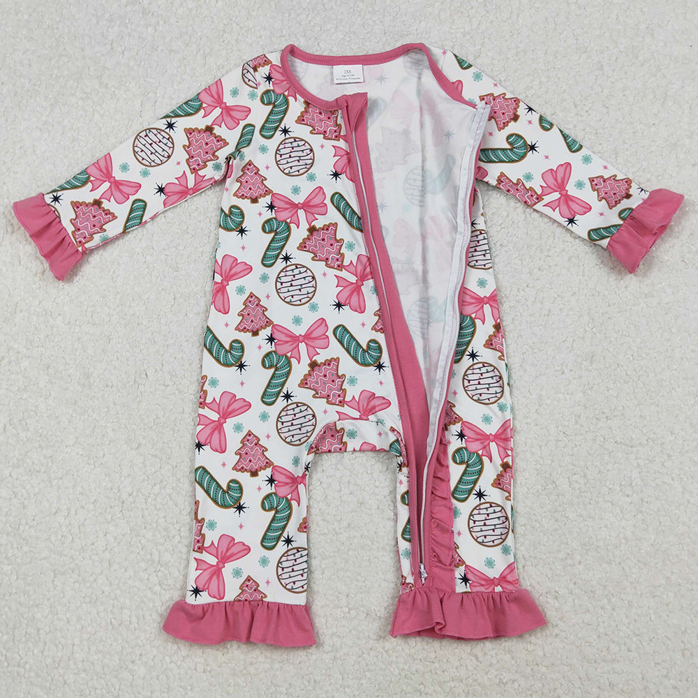 Baby Girls Rompers Candy Cane Trees Christmas Ruffle Zipper Footie Rompers LR2486 10.13