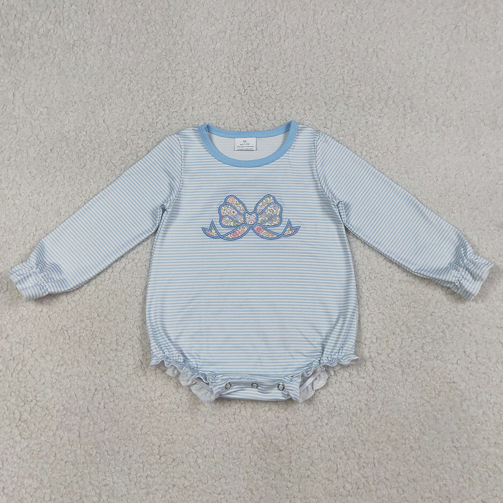 Baby Girls Rompers Embroidery Floral Bow Top Blue Stripe Ruffle Rompers LR2917